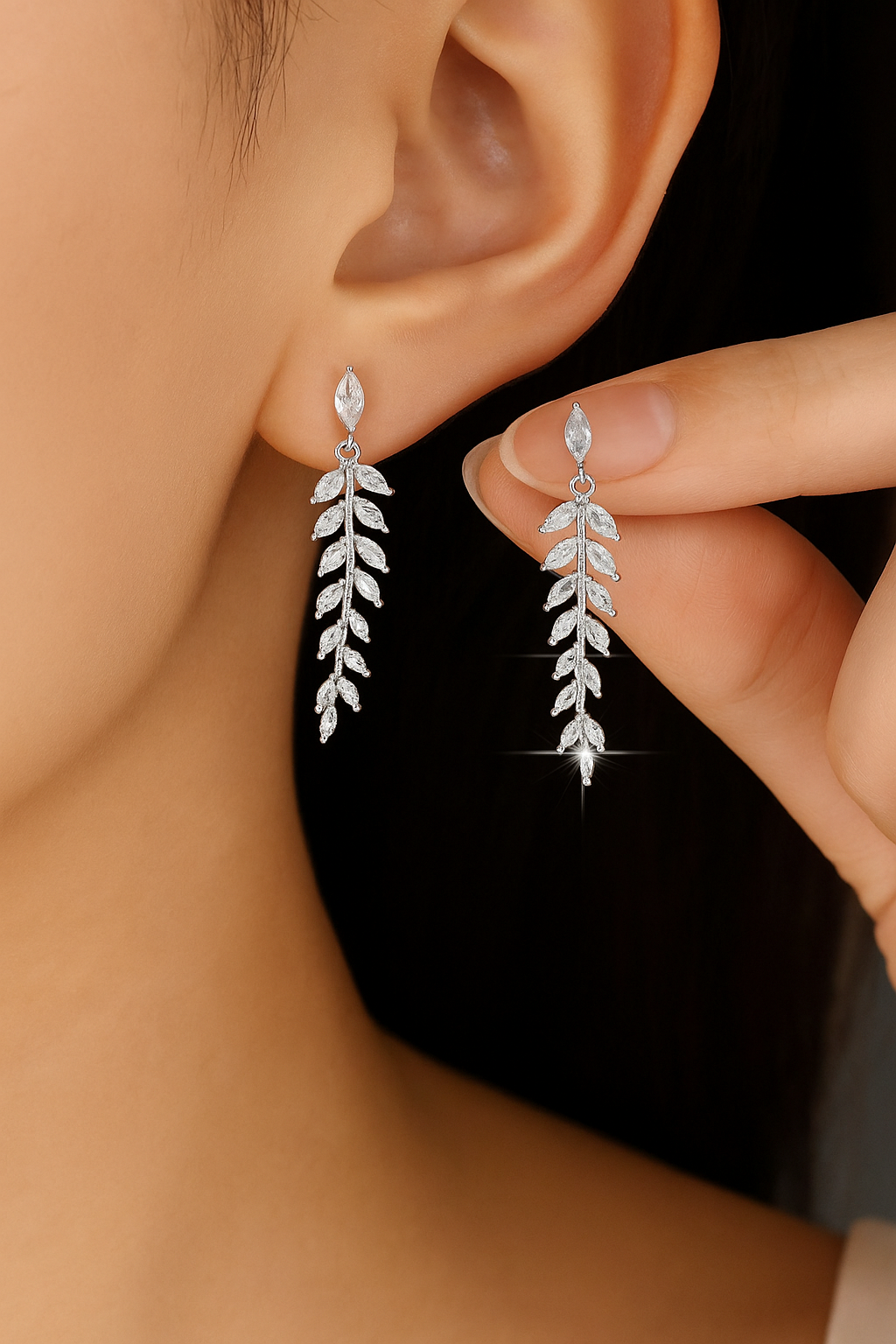 18K Crystal Rhinestone Dangle Leaves Imbedded Marquise Women’s Earrings