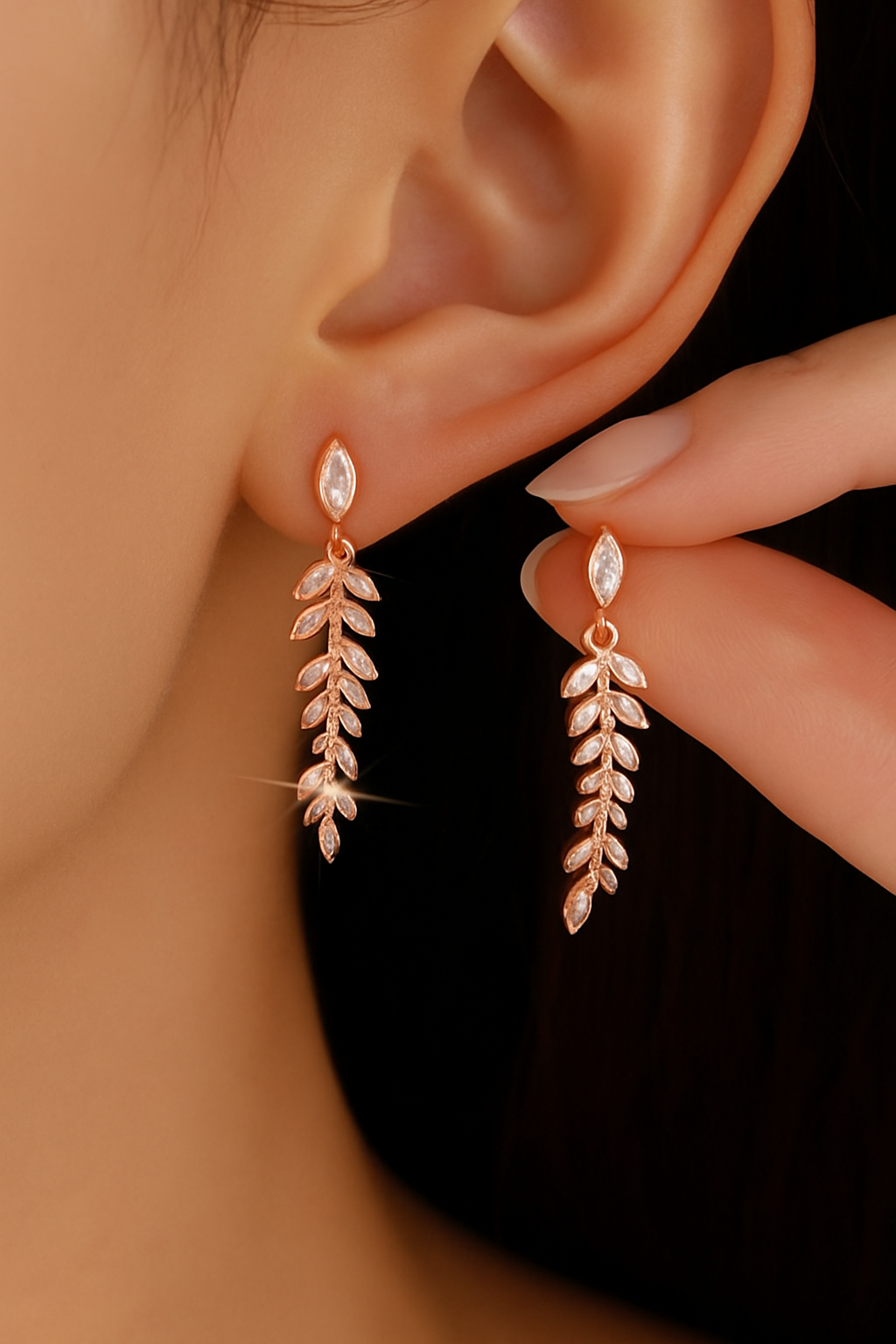 18K Crystal Rhinestone Dangle Leaves Imbedded Marquise Women’s Earrings