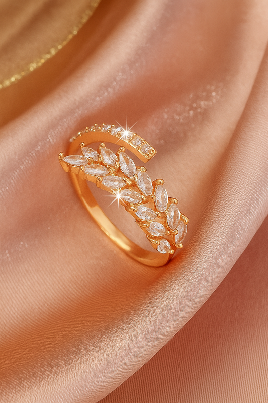 18k Gold Marquise-Cut Crystal Encrusted Open Leaf Women’s Ring
